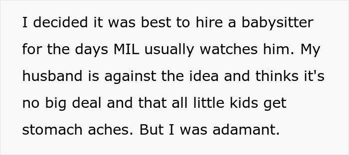 Text showing a woman explaining her decision to replace MIL as caregiver due to allergy concerns and family disagreements.