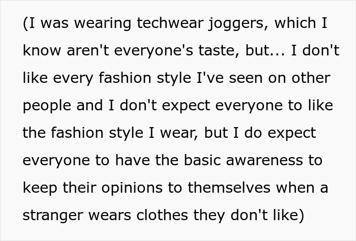 Text expressing frustration about a boomer complaining about stranger’s pants and the surprising response received. - 8