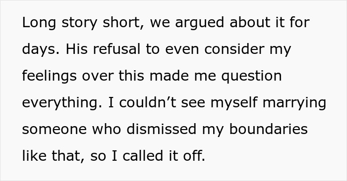 Bride's protests to change caterer ignored by groom's ex leading to wedding cancellation after boundary disputes.