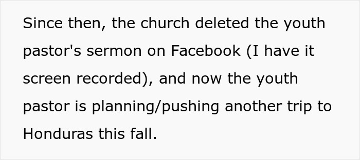 Text excerpt about church youth pastor deleting sermon and planning another trip to Honduras this fall related to daughter church camp Houston.