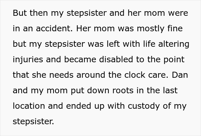 Text describing a family conflict where a guy won’t relocate his wedding due to his disabled stepsister’s care needs. - 7
