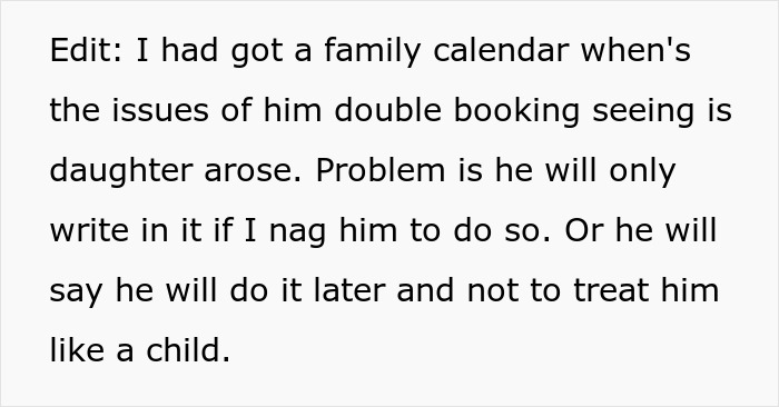 Text excerpt discussing family calendar issues and double booking, related to man canceling plans for a cycle trip instead of watching daughter. Text excerpt discussing family calendar issues and double booking, related to man canceling plans for a cycle trip instead of watching daughter.