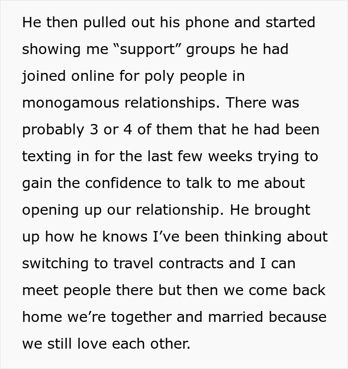 Text excerpt describing a husband joining polyamory support groups and discussing opening up their marriage. - 61