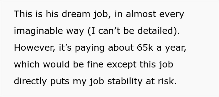 Text excerpt explaining asking husband to turn down dream job due to career and job stability concerns. - 5