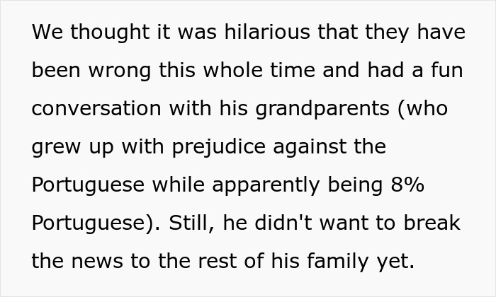 Text about a family discussing genetic heritage with inlaws, accidentally revealing unexpected ancestry information. - 4