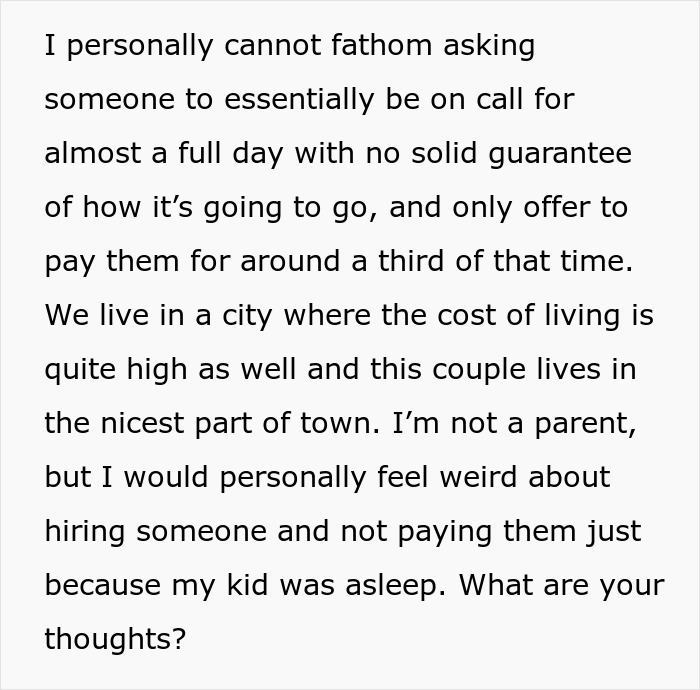 Text excerpt discussing fairness of payment for a nanny asked to work 20 hours overnight with pay for 8 hours only. - 7