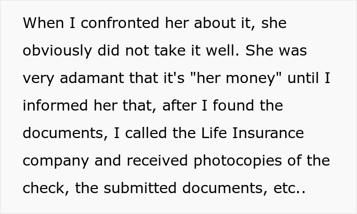 Text describing a confrontation about embezzling a $160K inheritance and subsequent gaslighting after exposure.
