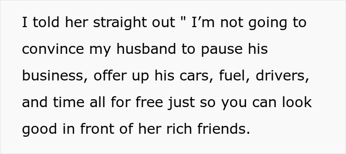 Text excerpt showing sister refusing to volunteer husband’s car service business for free amidst bride's demands. - 11