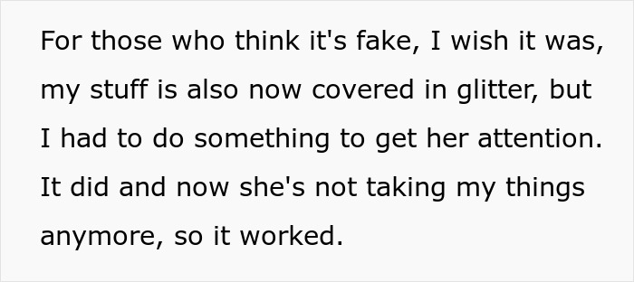 Text excerpt explaining woman puts glitter in roommate&rsquo;s humidifier to stop clothes theft, describing the prank&rsquo;s success.