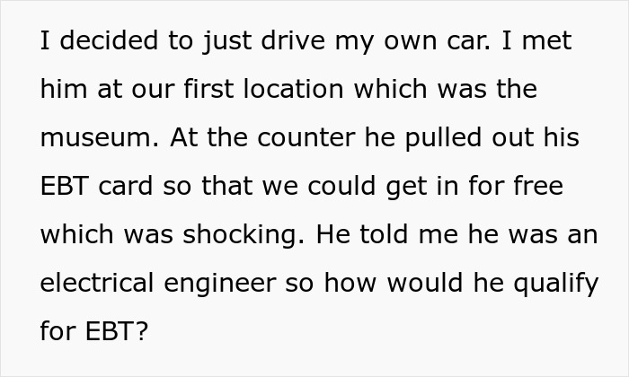 Text excerpt about a man using an EBT card during a date, illustrating issues related to a bad date and getting out. Text excerpt about a man using an EBT card during a date, illustrating issues related to a bad date and getting out.