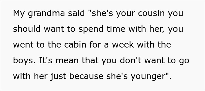 Text excerpt showing a teen explaining their refusal to babysit unpaid and not wanting to join a family trip.