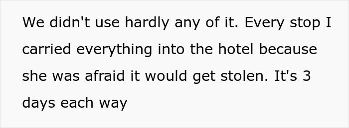 Text explaining a difficult travel experience caused by a wife's unusual habit of carrying everything into the hotel to prevent theft. - 4