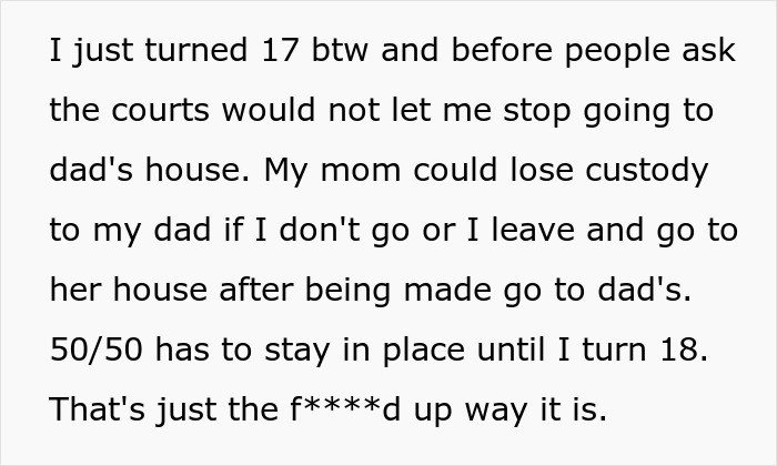 Text excerpt from a teen explaining custody rules and refusing to babysit in an emergency, leaving a 5-year-old alone. - 4