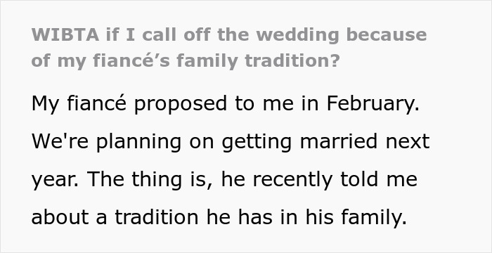 Person reading a message about a call off wedding and a weird family tradition causing concern before marriage planning.