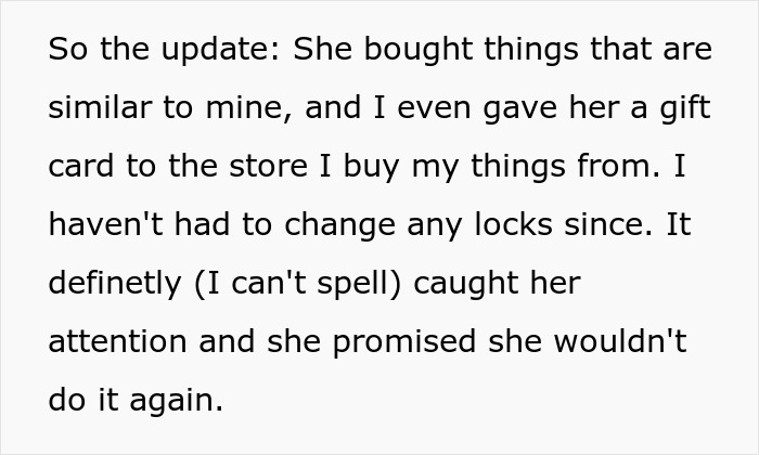 Person explaining a roommate conflict involving glitter and stolen clothes in a humorous text message update.