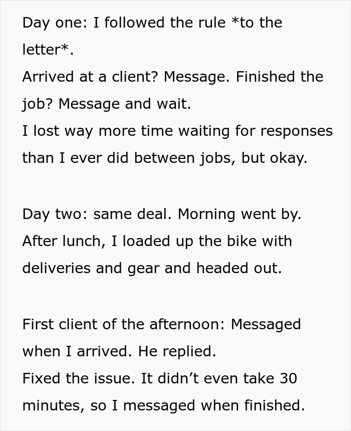 Text conversation describing a guy’s experience messaging after every client and waiting for responses from his boss. - 10