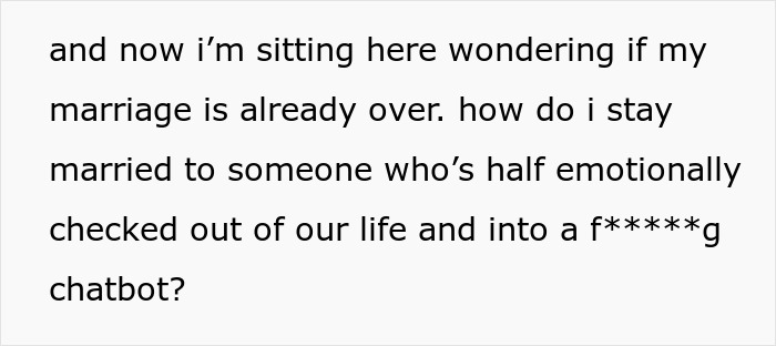 Woman questions marriage while husband becomes emotionally attached to AI girlfriend chatbot, feeling emotionally checked out. Woman questions marriage while husband becomes emotionally attached to AI girlfriend chatbot, feeling emotionally checked out.
