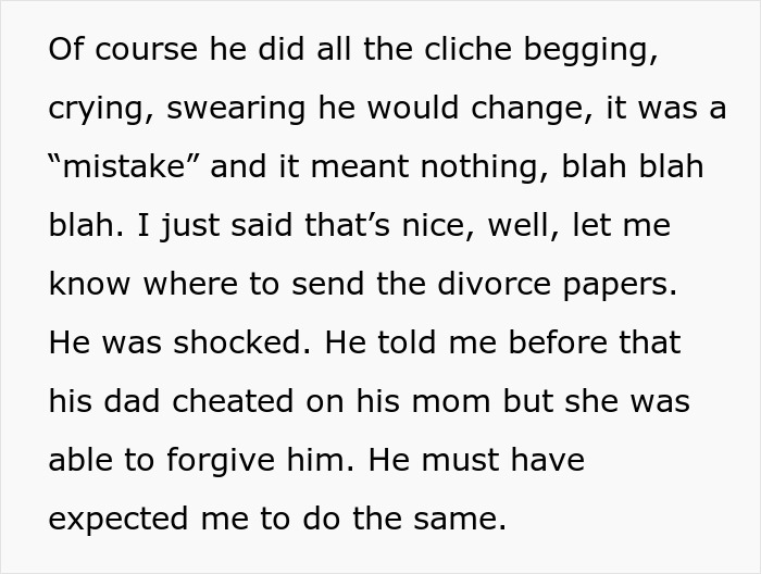 Text excerpt discussing a son&rsquo;s cheating and divorce with a mother shocked by teachings on cheating.