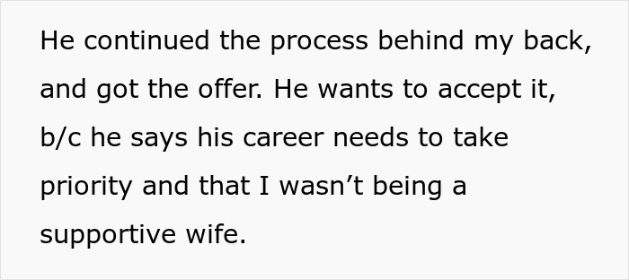 Text excerpt about a husband turning down dream job career offer and concerns about support and priority. - 13