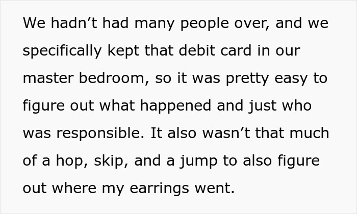 Text excerpt showing a debit card kept in a master bedroom helps a pregnant woman get revenge after friend’s guest steals from her. - 18