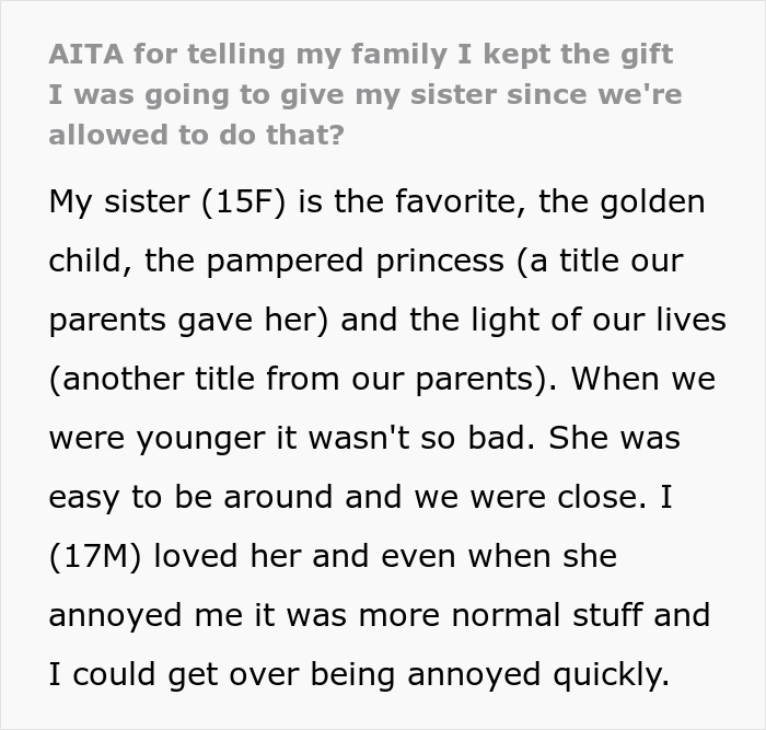 Alt text: teenage brother frustrated with golden child sister stealing his gifts and ruining her birthday celebration