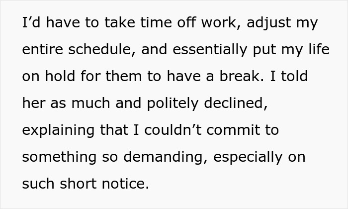 Text excerpt about a childfree sister declining to babysit three kids during a couple's planned vacation.