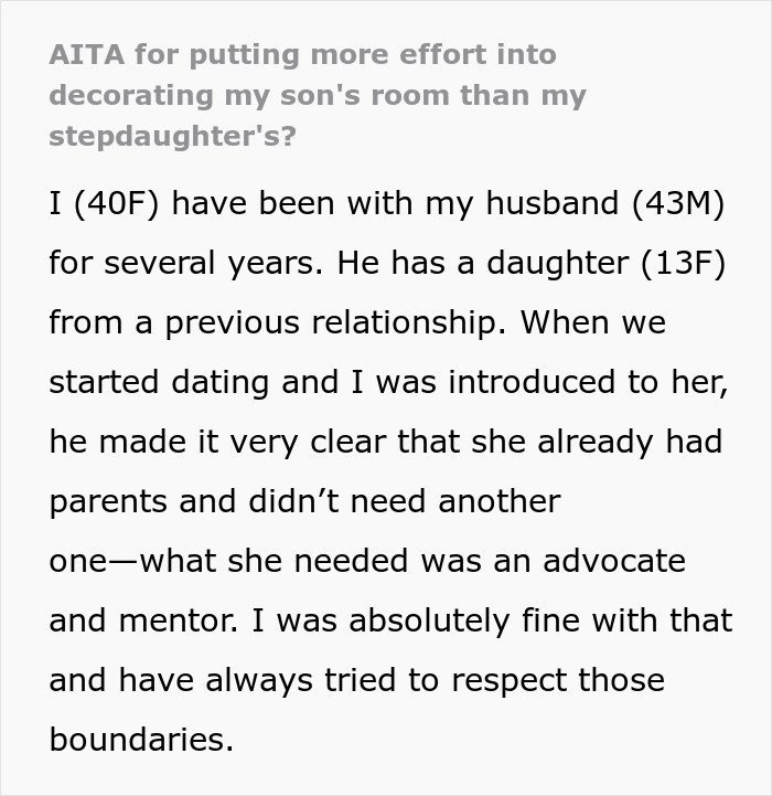 Alt text: Woman shares her experience putting more effort into decorating her son's room than her step-daughter’s room. - 2
