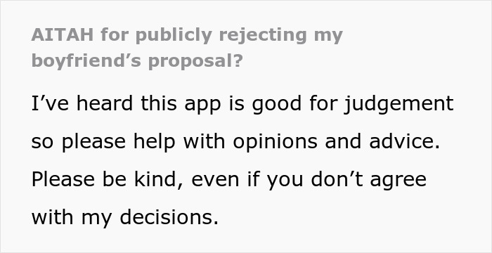 Text post asking for help with opinions and advice after publicly rejecting boyfriend’s proposal, showing wedding proposal drama. - 2