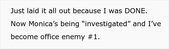 Text on screen about a worker sick of being team lead’s scapegoat and labeled a snitch after complaining to HR. Text on screen about a worker sick of being team lead’s scapegoat and labeled a snitch after complaining to HR.