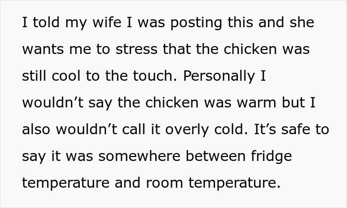 Text describing a husband declaring raw chicken left in trunk a biohazard and refusing to eat dinner. - 6