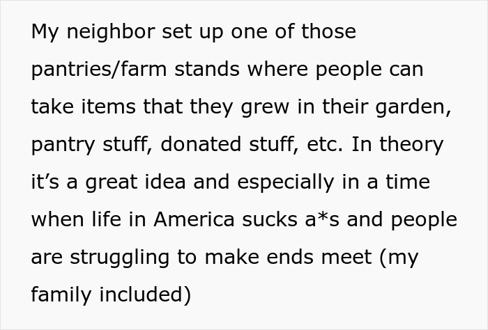 Text excerpt about a neighbor&rsquo;s farm stand and issues with people stealing from it, causing frustration.