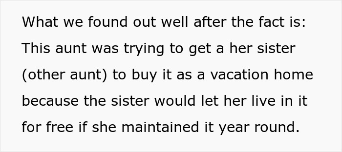 Text describing family drama about a man inheriting house with aunt living rent-free inside.