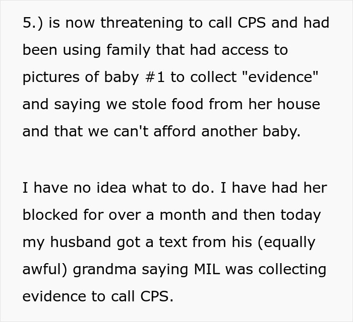 Text discussing a woman needing advice after CPS threats from her mother-in-law involving evidence and family conflicts. Text discussing a woman needing advice after CPS threats from her mother-in-law involving evidence and family conflicts.