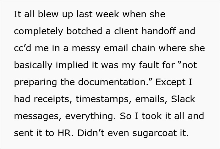 Text showing a worker sharing evidence of a team lead’s mistakes before complaining to HR and being labeled a snitch. Text showing a worker sharing evidence of a team lead’s mistakes before complaining to HR and being labeled a snitch.