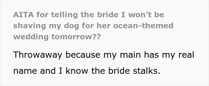 Text image showing a question about refusing to shave a dog for a bride's ocean-themed wedding, highlighting bride's unreasonable wishes. - 2