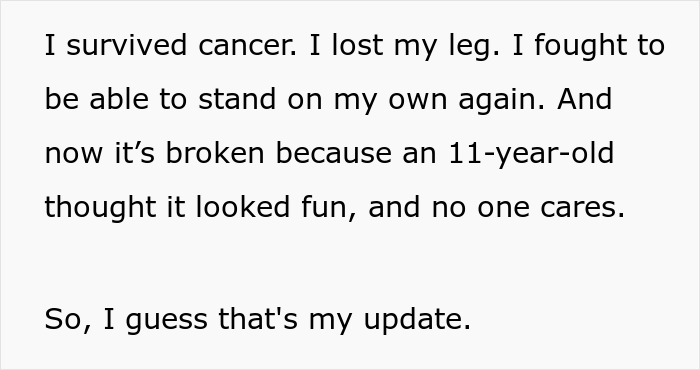 Text image with a message about a girl surviving cancer, losing her leg, and accepting a prosthetic leg despite unfair treatment by her brother.