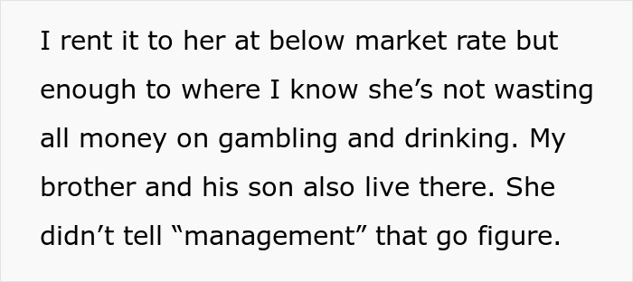 Text about secretly renting mom&rsquo;s house at below market rate to ensure money is used wisely, creating puzzlement.