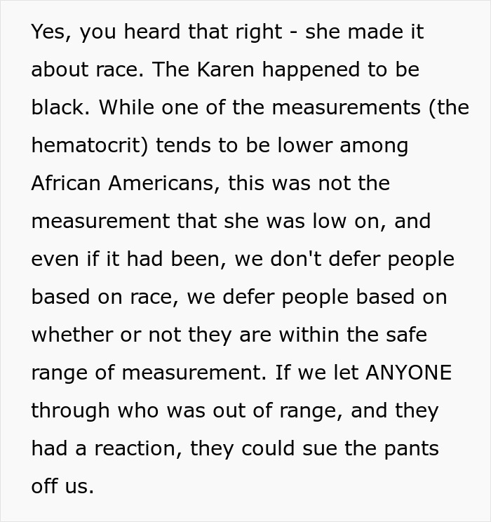 Woman denied plasma donation demands payment, accuses staff of racism over blood measurement criteria. Woman denied plasma donation demands payment, accuses staff of racism over blood measurement criteria.