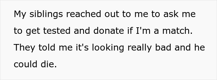 Text excerpt discussing siblings urging donation organ testing due to a father's critical health condition.