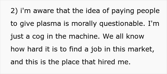 Text excerpt discussing the challenges of plasma donation, payment, and employment in the plasma donation industry. Text excerpt discussing the challenges of plasma donation, payment, and employment in the plasma donation industry.