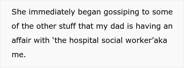 Alt text: Text discussing a nurse gossiping about an alleged affair involving the hospital social worker and a patient's father. Alt text: Text discussing a nurse gossiping about an alleged affair involving the hospital social worker and a patient's father.