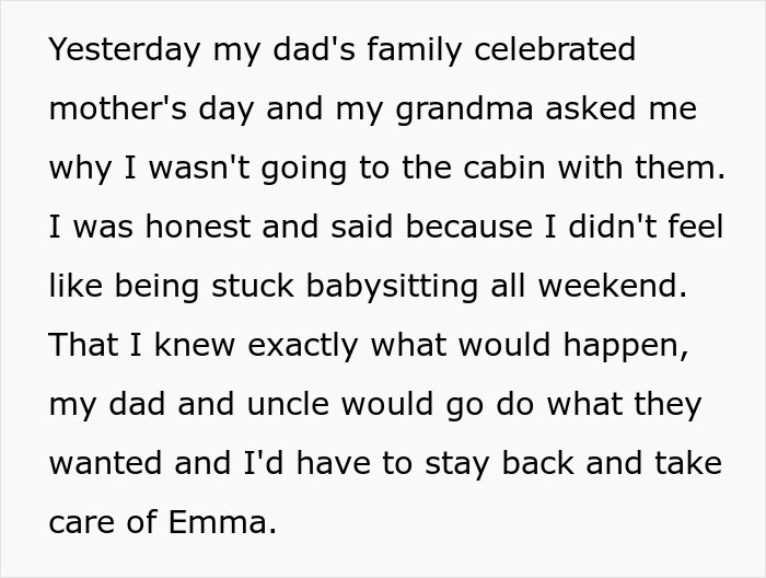 Teen refuses unpaid babysitting and opts out of family trip, causing tension with relatives during Mother's Day celebration.