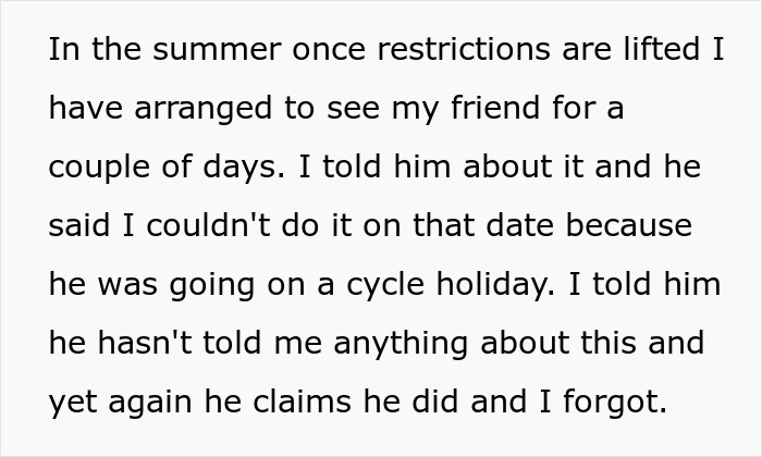Text discussing a man canceling plans to go on a cycle trip, causing conflict with his girlfriend. Text discussing a man canceling plans to go on a cycle trip, causing conflict with his girlfriend.