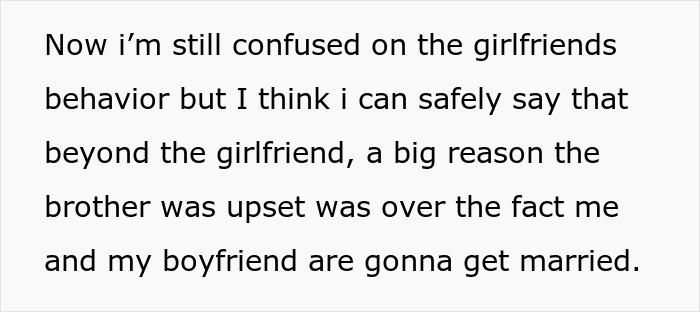 Text excerpt discussing confusion over girlfriends' behavior and brother's upset about a 24YO man demanding his brother dump longtime girlfriend.