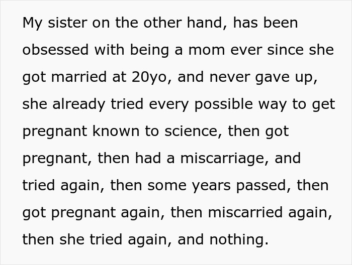 Text excerpt about a baby-mad woman struggling to conceive despite multiple attempts and miscarriages.