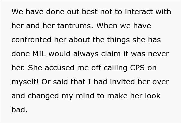 Text excerpt about a mother-in-law falsely reporting couple to CPS and seeking custody of grandchild.