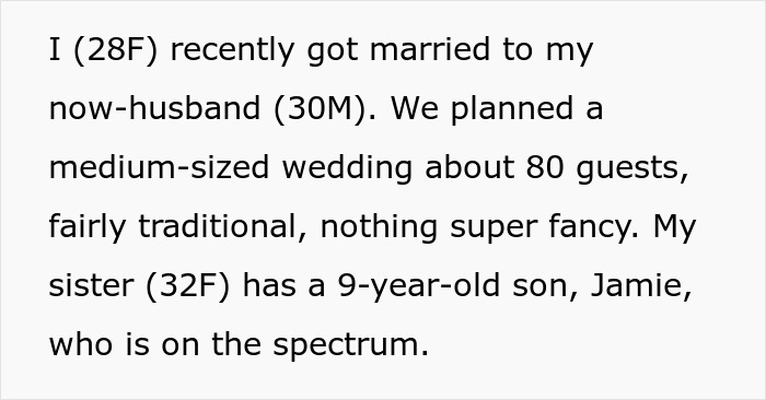 Text excerpt about a bride and groom’s family conflict involving the bride’s autistic nephew at their wedding. Text excerpt about a bride and groom’s family conflict involving the bride’s autistic nephew at their wedding.