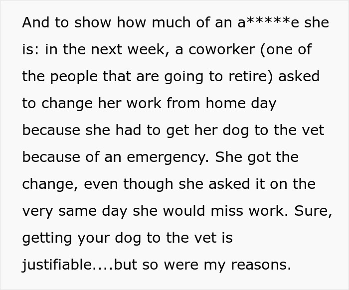 Text excerpt describing an employee's experience dealing with unfair treatment and work-from-home requests.