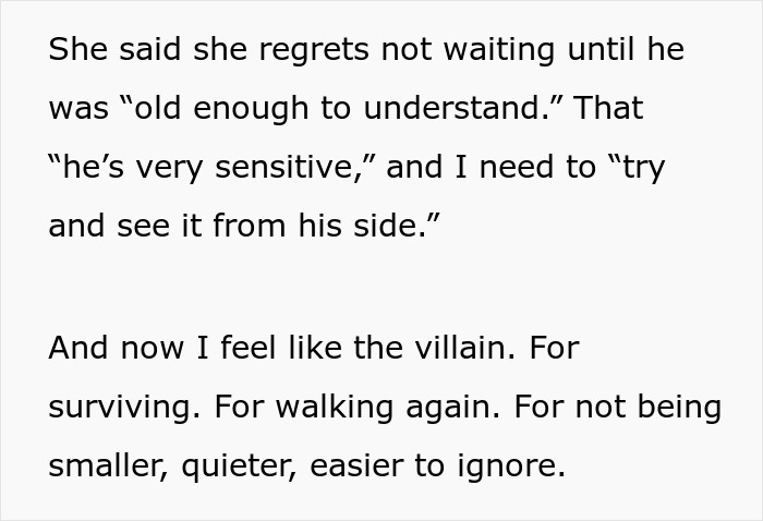 Text excerpt from an emotional story about a girl surviving cancer and accepting a prosthetic leg with her brother&rsquo;s support.
