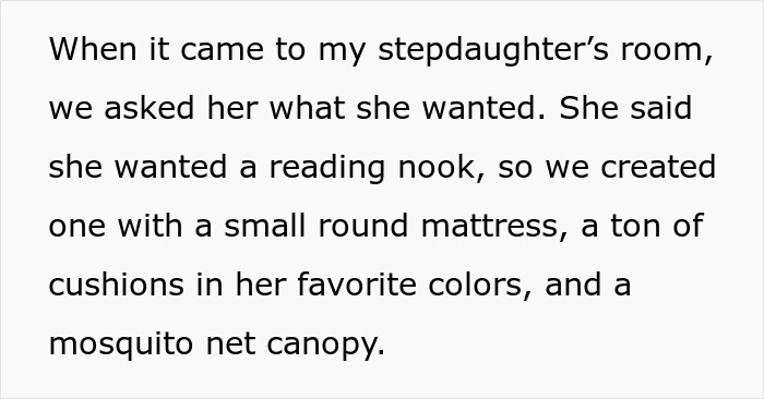 Text describing efforts put into stepdaughter’s room featuring a reading nook with cushions and mosquito net canopy. - 7